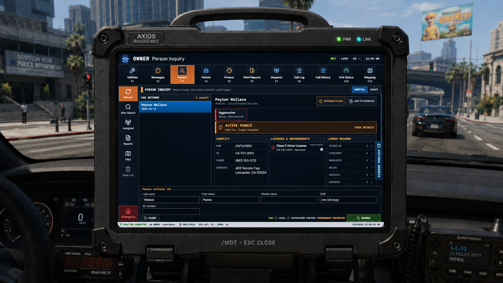 AXIOS rugged in-game MDT showing the current Person Inquiry workspace